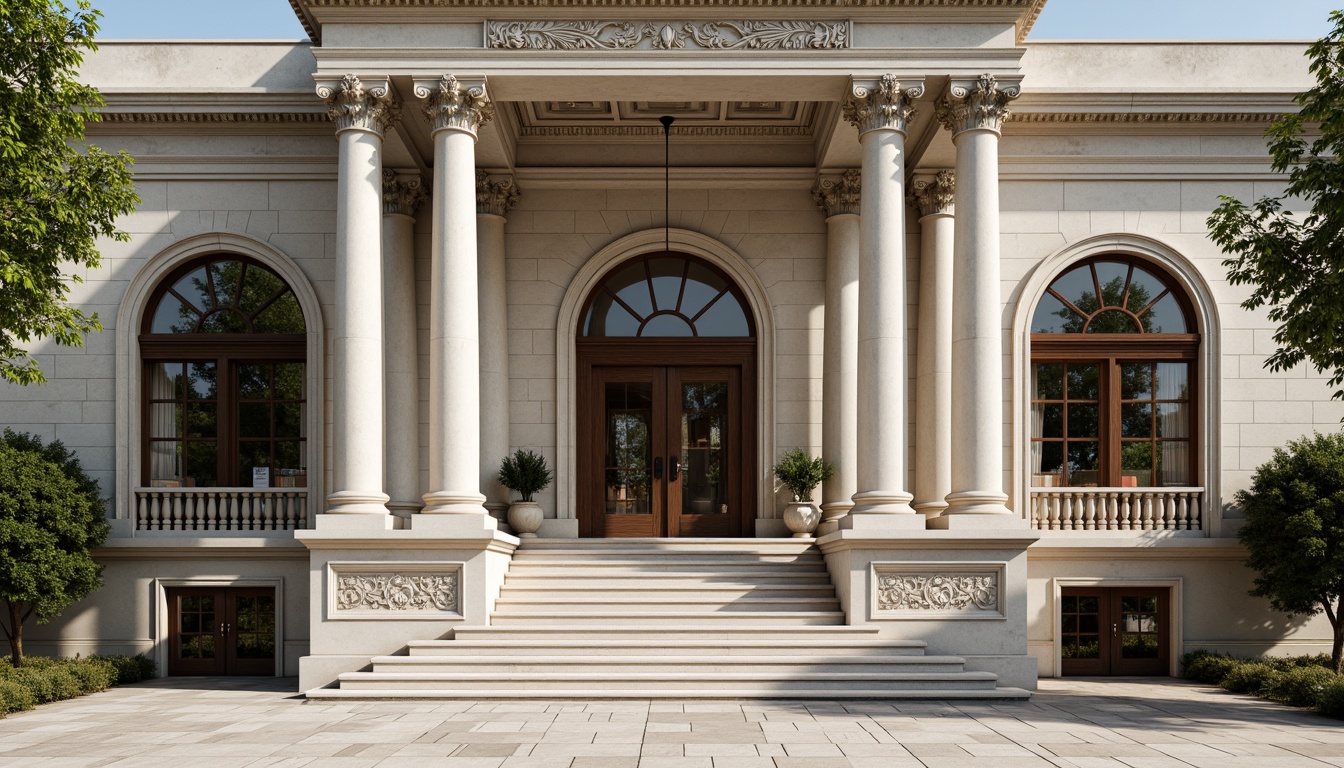 Prompt: Grandiose building facade, neoclassical architecture style, ornate columns, carved stone details, symmetrical composition, balanced proportions, classical pediments, grand entranceways, sweeping staircases, intricate moldings, ornamental balustrades, decorative pilasters, rusticated base, ashlar stone walls, arched windows, circular oculi, subtle color palette, soft natural lighting, high contrast shadows, detailed textures, ambient occlusion.