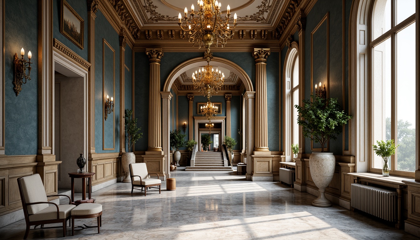 Prompt: Prussian blue accent walls, ornate gold details, luxurious marble floors, grand staircases, high ceilings, opulent chandeliers, lavish furnishings, intricate molding, Baroque architecture, ornate columns, regal atmosphere, warm soft lighting, shallow depth of field, 1/1 composition, realistic textures, ambient occlusion.