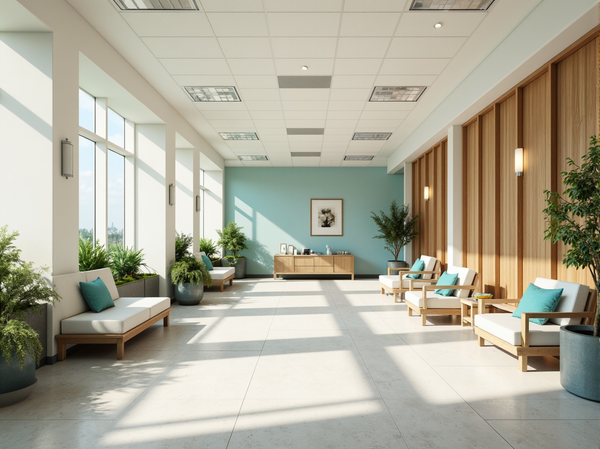 Prompt: Calming medical clinic, soothing color scheme, gentle pastel hues, creamy whites, soft blues, muted greens, natural wood accents, minimal ornamentation, clean lines, sterile atmosphere, comfortable seating areas, warm lighting fixtures, subtle texture variations, realistic material rendering, shallow depth of field, 1/1 composition, panoramic view, ambient occlusion.