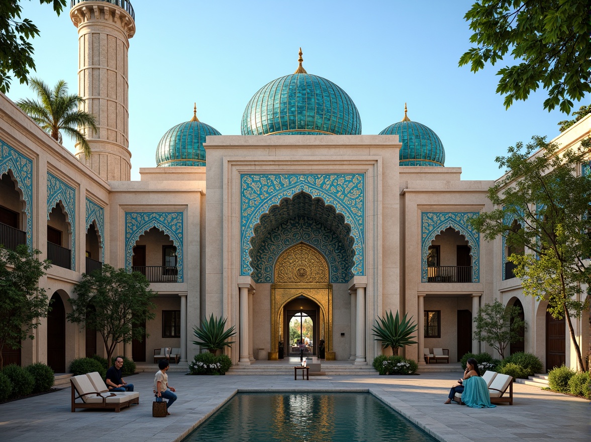 Prompt: Majestic Prussian blue domes, intricately patterned Islamic-inspired arches, vibrant turquoise accents, golden metallic details, grandiose entranceways, ornate Moorish gates, majestic minarets, intricate stone carvings, lush green courtyards, serene water features, warm natural lighting, soft shadows, 3/4 composition, symmetrical framing, realistic textures, ambient occlusion.