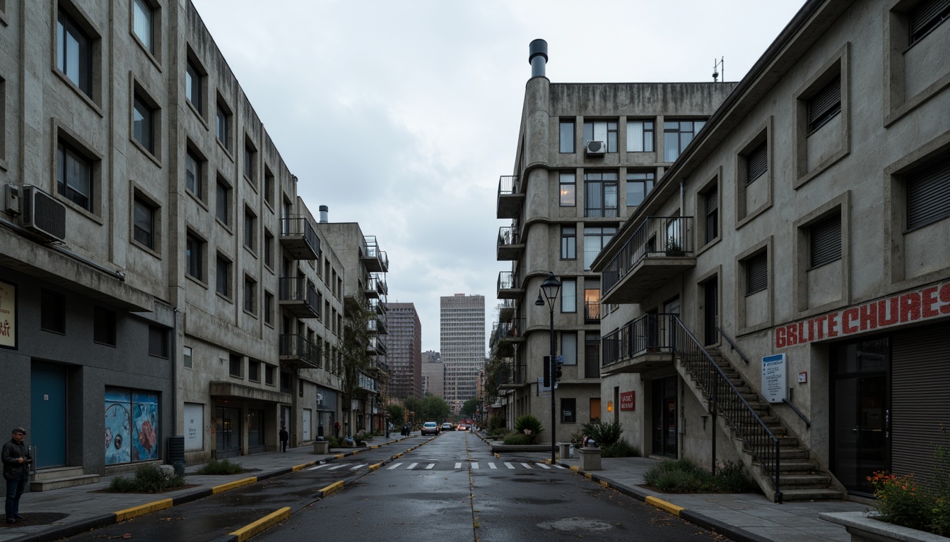 Prompt: Raw concrete structures, bold brutalist architecture, industrial materials, distressed finishes, rugged textures, monochromatic color scheme, muted earth tones, weathered steel accents, cold blue-grey hues, exposed ductwork, urban cityscape, overcast sky, dramatic shadows, high-contrast lighting, cinematic composition, gritty realistic render.