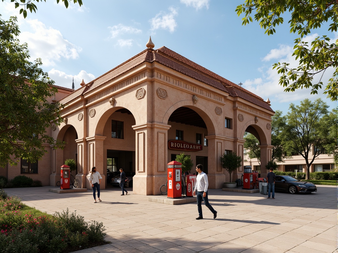 Prompt: Ornate gas station, Romanesque revival style, terracotta roof tiles, curved archways, grandiose columns, ornamental stonework, rustic wall textures, earthy color palette, vintage fuel pumps, retro-style signage, Mediterranean-inspired landscaping, olive trees, blooming flowers, sunny day, soft warm lighting, shallow depth of field, 3/4 composition, panoramic view, realistic textures, ambient occlusion.