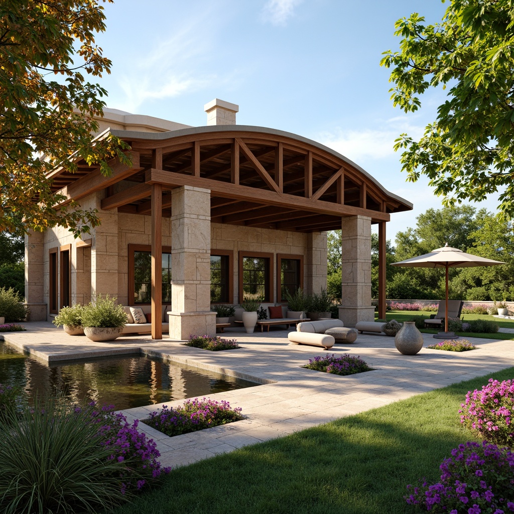 Prompt: Curved pavilion, regionalist architecture, earthy tones, natural stone cladding, wooden accents, sloping rooflines, large overhangs, decorative trusses, intricate latticework, lush greenery, vibrant flowers, water features, reflecting pools, sunny day, warm soft lighting, shallow depth of field, 3/4 composition, panoramic view, realistic textures, ambient occlusion.