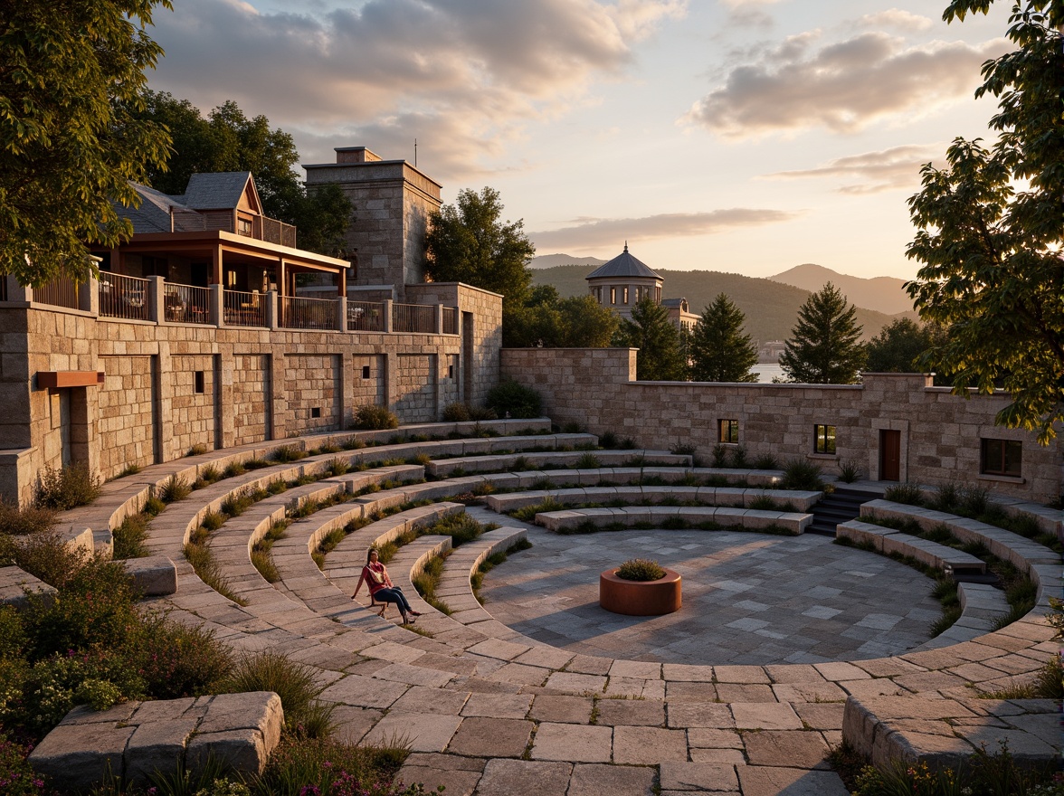 Prompt: Natural stone amphitheater, curved seating tiers, rough-hewn granite walls, earthy tones, lush greenery surroundings, rustic wooden accents, weathered copper details, monumental scale, grandiose architecture, dramatic lighting effects, warm sunset ambiance, shallow depth of field, 1/2 composition, realistic textures, ambient occlusion.