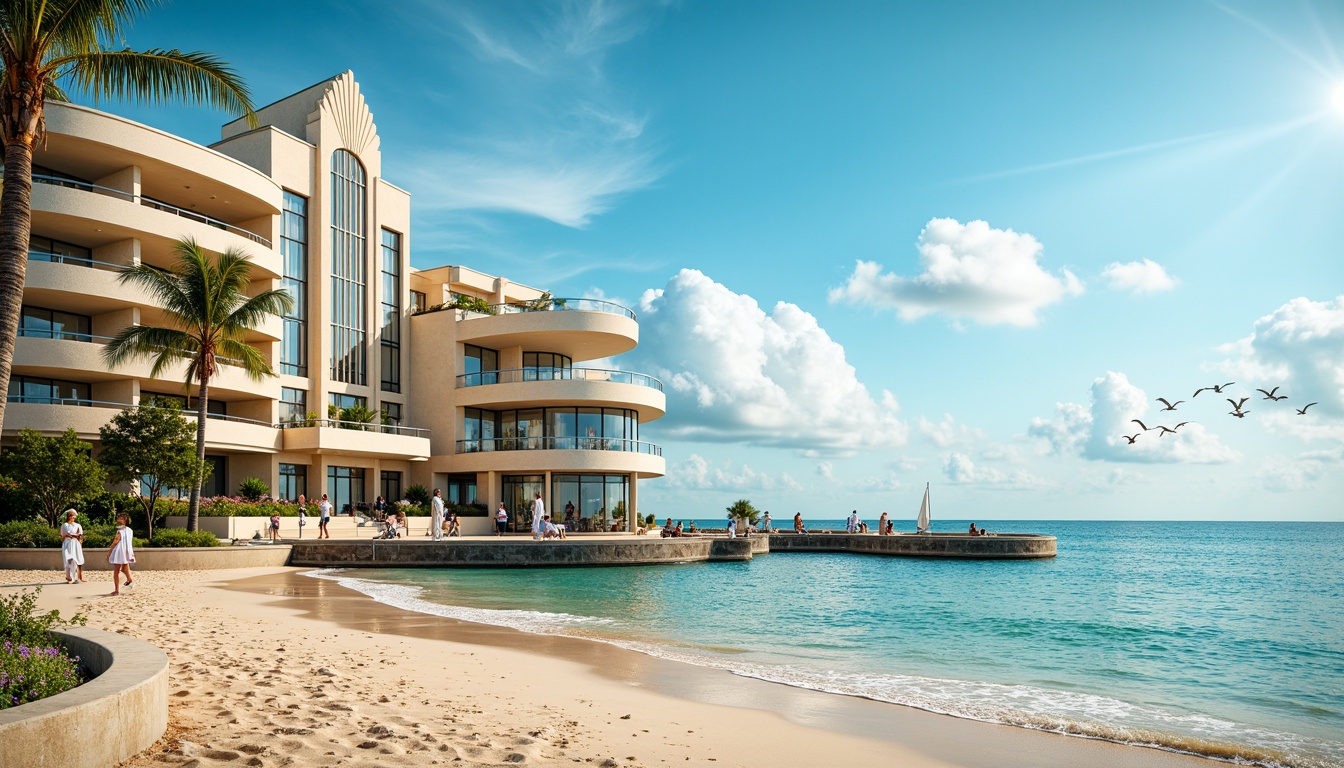 Prompt: Vibrant oceanfront, sandy beach, crystal-clear waters, ornate Art Deco architecture, curved lines, geometric patterns, luxurious materials, pastel color palette, retro-futuristic vibe, seaside promenade, wooden pier, sailboats, seagulls, sunny day, soft warm lighting, shallow depth of field, 1/1 composition, realistic textures, ambient occlusion, ornate railings, decorative facades, elegant balconies, luxurious amenities, high-end finishes.