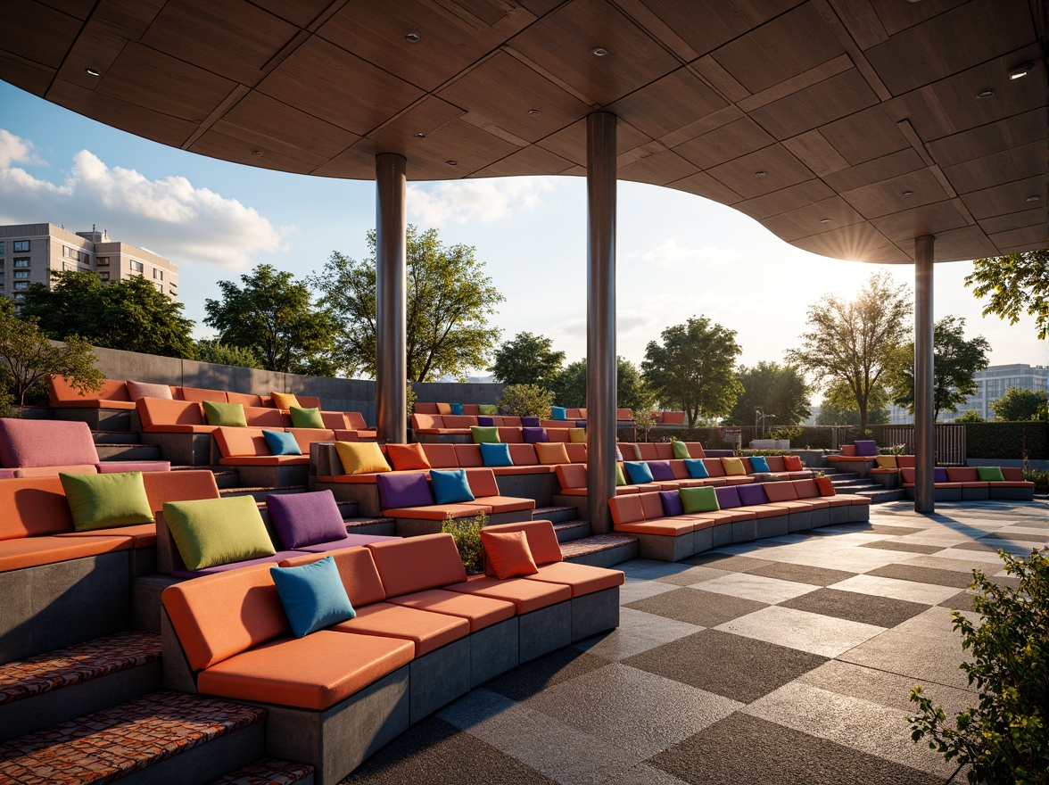 Prompt: Amphitheater seating arrangement, curved rows, tiered levels, vibrant colorful cushions, metallic frame structures, minimalist design, futuristic ambiance, dynamic lighting systems, warm glow spotlights, shallow depth of field, 1/1 composition, realistic textures, ambient occlusion, urban landscape background, sunny day, soft warm atmosphere, innovative material usage, eco-friendly fabrics, geometric patterns, bold color accents.