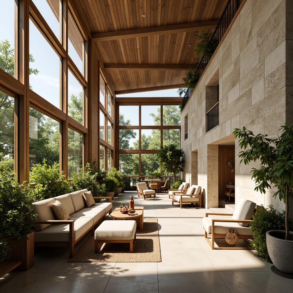 Prompt: Bright airy interior, floor-to-ceiling windows, natural stone walls, wooden accents, greenery-filled balconies, warm sunny day, soft diffused lighting, shallow depth of field, 3/4 composition, minimalist decor, organic textures, ambient occlusion, earthy color palette, comfortable seating areas, potted plants, rustic wood furniture, woven textiles, nature-inspired artwork.