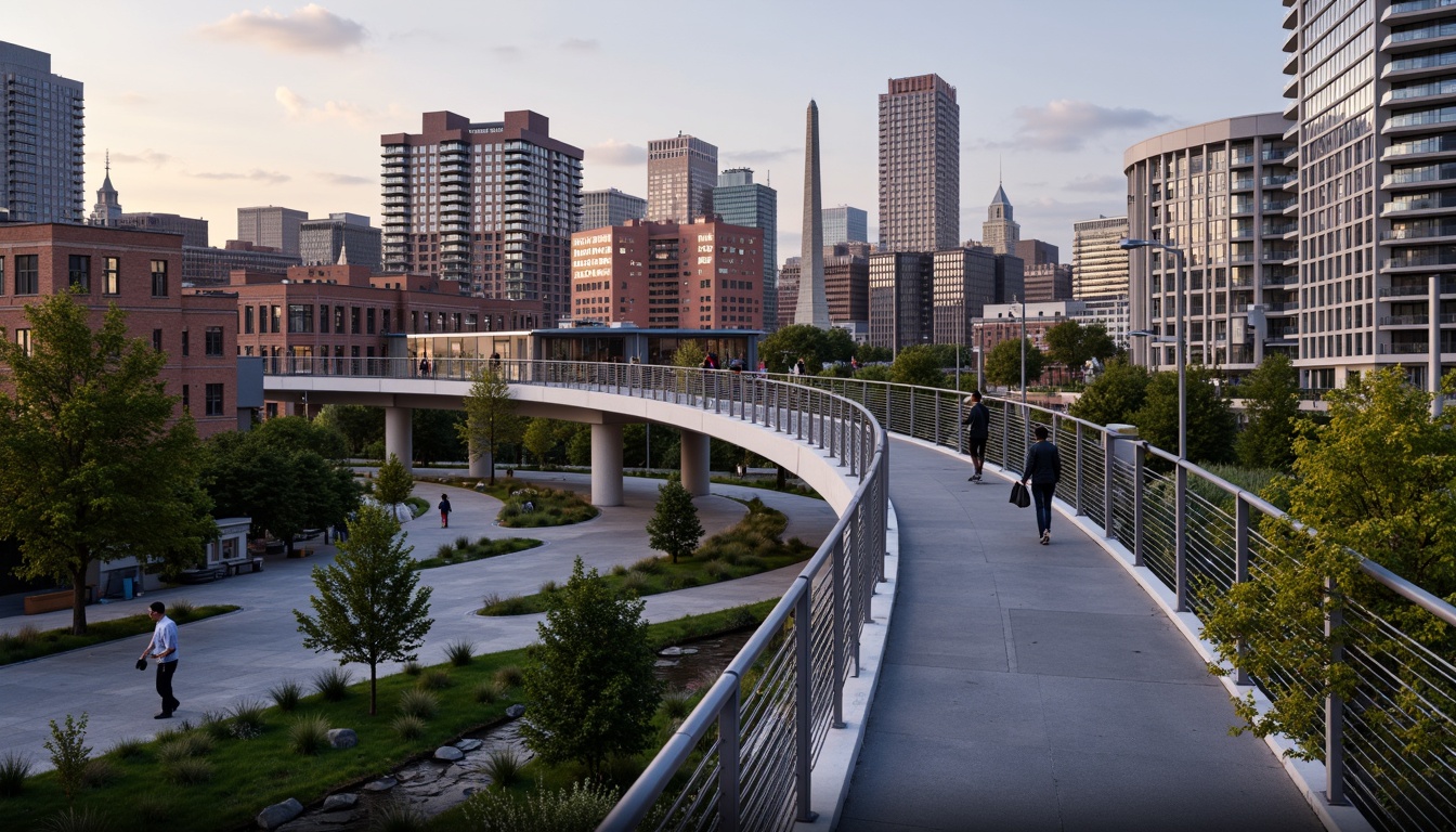 Prompt: Vibrant cityscape, pedestrian bridges, modern urban design, steel structures, sleek railings, green roofs, urban parks, walking trails, cyclists, streetlights, evening ambiance, warm color tones, shallow depth of field, 1/2 composition, realistic textures, ambient occlusion.