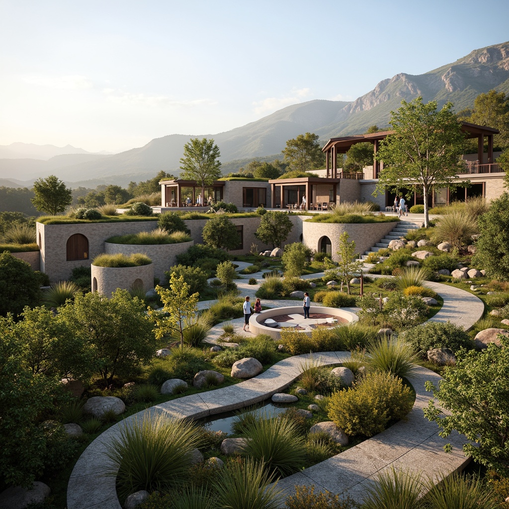 Prompt: Harmonious landscape integration, lush green roofs, natural stone walls, curved building lines, earthy color palette, organic forms, seamless transitions, outdoor living spaces, native plant species, meandering pathways, water features, scenic overlooks, panoramic views, soft warm lighting, shallow depth of field, 3/4 composition, realistic textures, ambient occlusion.