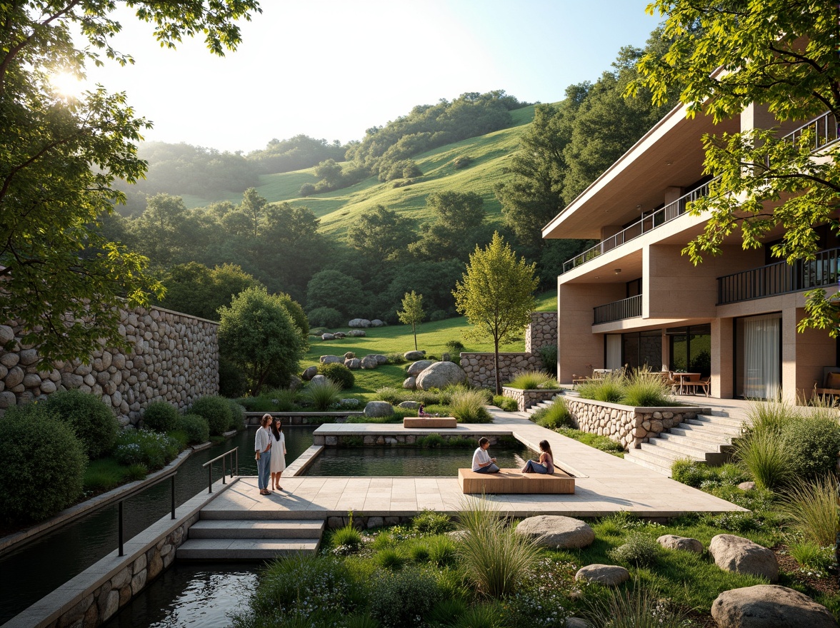 Prompt: Harmonious landscape integration, rolling hills, verdant greenery, meandering pathways, natural stone walls, water features, reflecting pools, lush vegetation, outdoor seating areas, wooden benches, steel railings, modern architecture, large overhangs, cantilevered roofs, floor-to-ceiling windows, sliding glass doors, warm natural lighting, soft shadows, 1/2 composition, atmospheric perspective, realistic rendering, ambient occlusion.