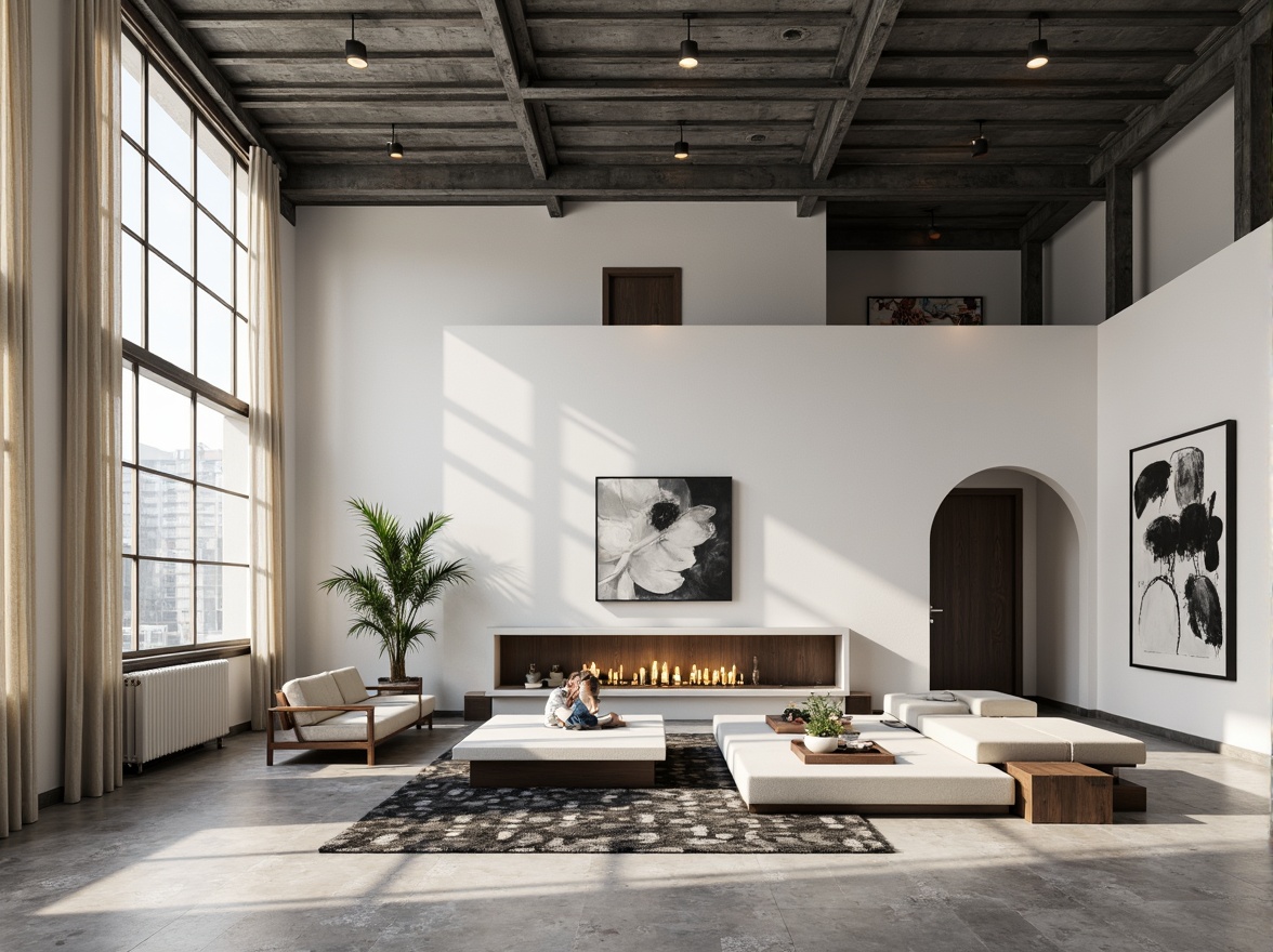 Prompt: Monochromatic loft space, industrial chic aesthetic, exposed brick walls, polished concrete floors, sleek metal beams, minimalist decor, neutral color palette, soft creamy whites, rich charcoal grays, warm beige tones, subtle wood accents, geometric patterned rugs, oversized windows, natural light pouring in, airy atmosphere, modern streamline furniture, low-profile sofas, angular coffee tables, abstract artwork, floor-to-ceiling curtains, sheer textiles, ambient soft lighting, shallow depth of field, 1/1 composition, realistic textures, atmospheric misting.