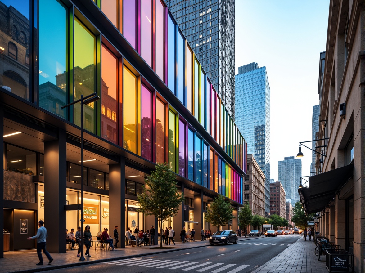 Prompt: Vibrant colored glass buildings, iridescent facade, gradient colors, transparent walls, reflective surfaces, metallic frames, sleek modern architecture, urban cityscape, bustling streets, daytime natural light, soft warm glow, shallow depth of field, 3/4 composition, realistic textures, ambient occlusion.