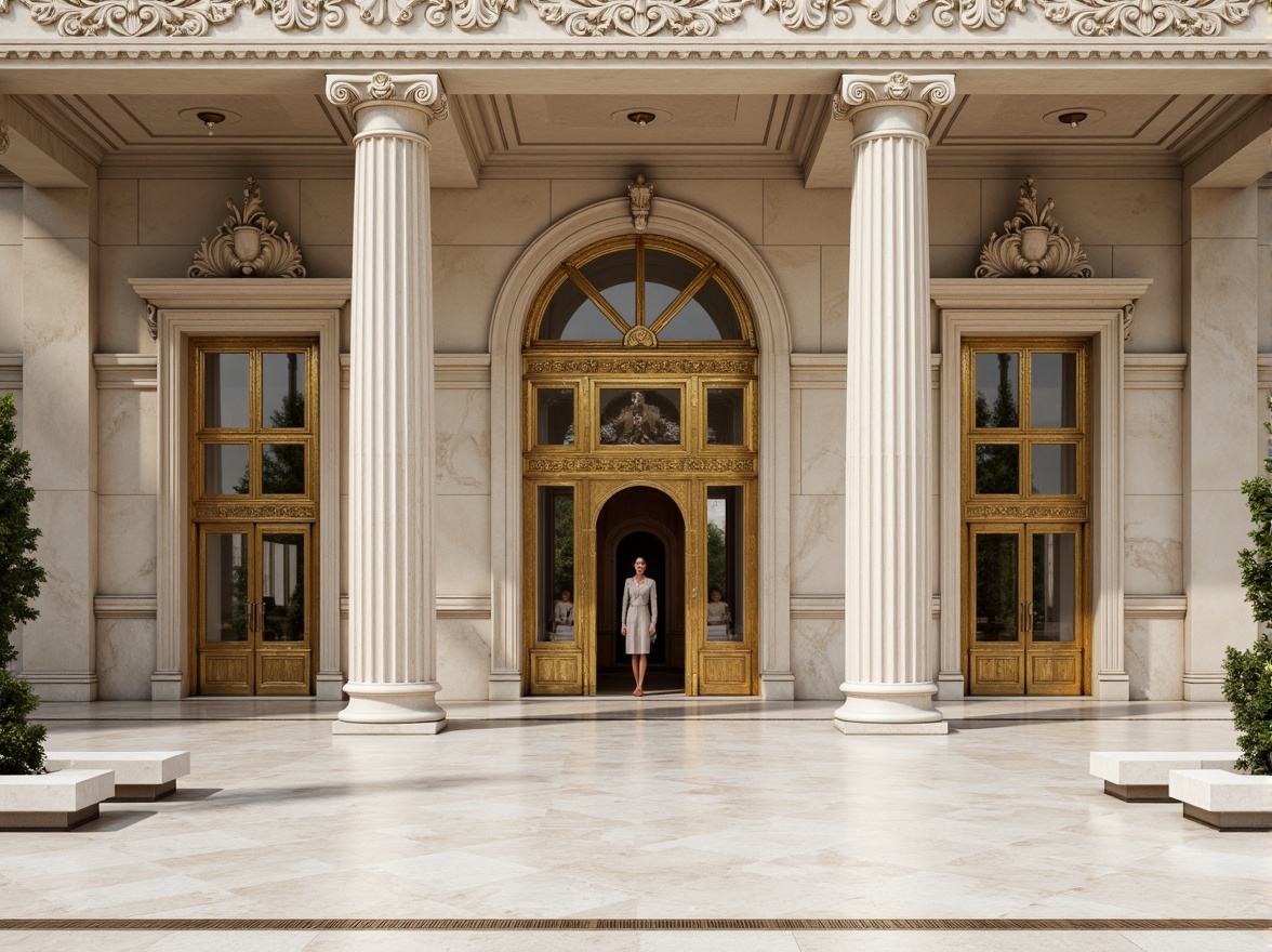 Prompt: Grand neoclassical facade, ornate columns, intricately carved stone details, symmetrical architecture, white marble flooring, polished bronze doors, ornamental metalwork, subtle rustication, creamy stucco walls, dramatic arched windows, soft warm lighting, high-contrast rendering, 1/1 composition, realistic textures, ambient occlusion.