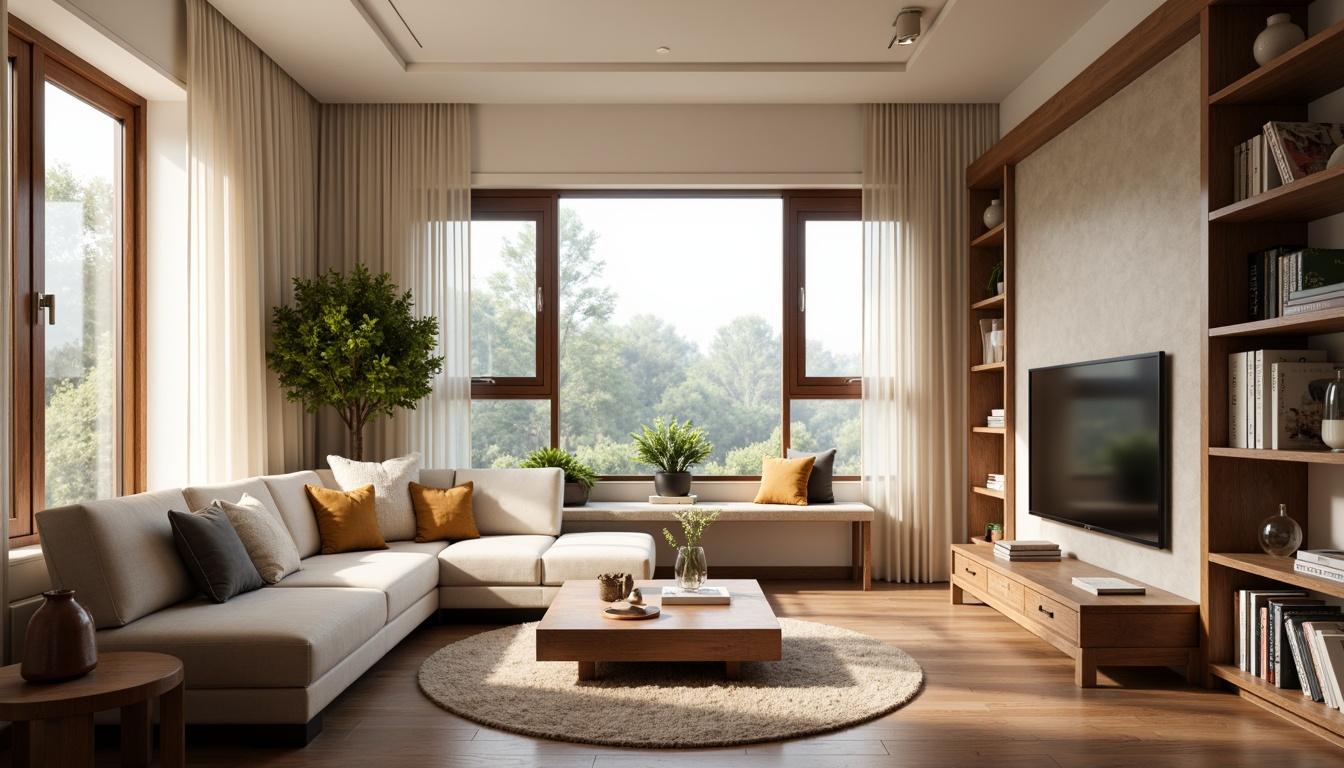 Prompt: Cozy living room, plush sectional sofa, warm beige walls, rich wood flooring, minimalist coffee table, floor-to-ceiling windows, natural light, soft cream curtains, comfortable reading nook, built-in bookshelves, modern track lighting, 1/2 composition, shallow depth of field, realistic textures, ambient occlusion.