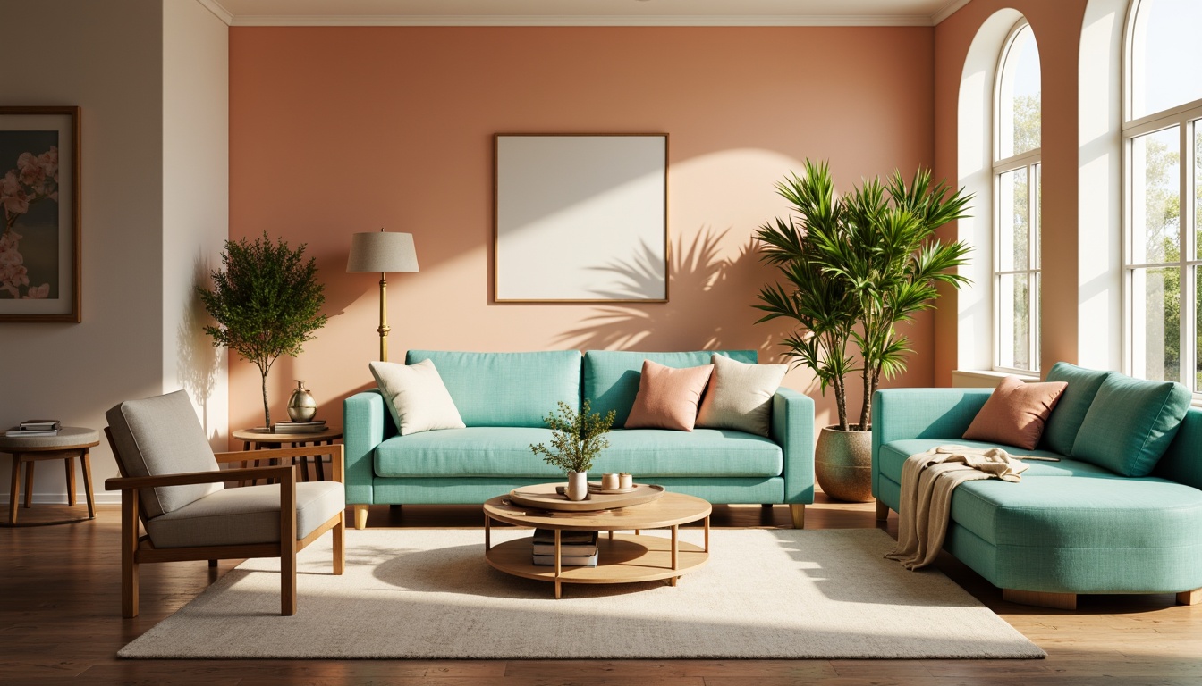 Prompt: Soft peach walls, creamy whites, warm beige accents, rich turquoise furniture, lush greenery, natural wood textures, elegant gold hardware, ambient warm lighting, shallow depth of field, 2/3 composition, serene atmosphere, realistic reflections, subtle gradient effects.