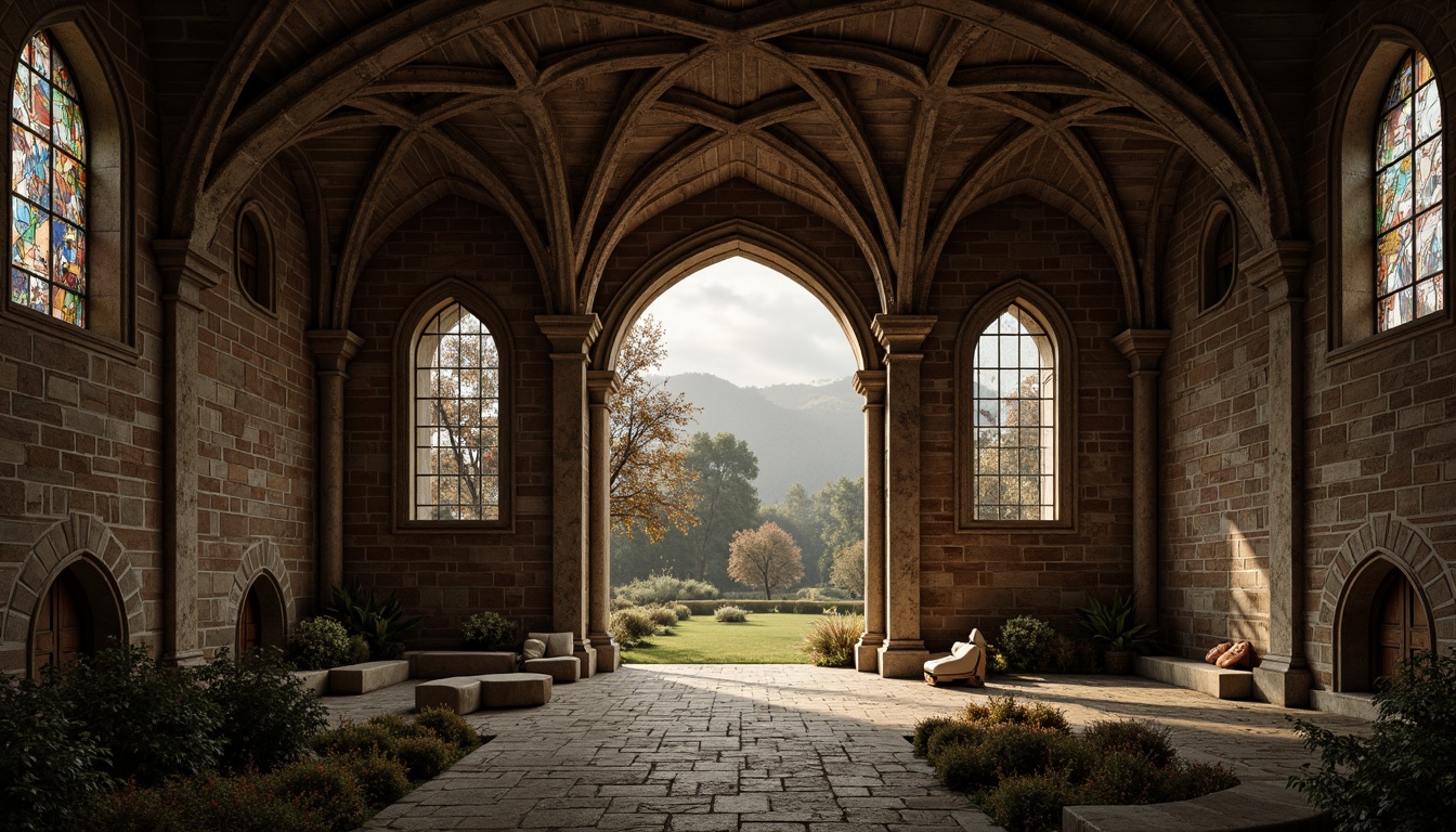 Prompt: Ancient Romanesque arches, intricately carved stone walls, grand entranceways, ornate columns, vaulted ceilings, stained glass windows, rustic brick textures, weathered stone fa\u00e7ades, mystical ambiance, soft warm lighting, dramatic shadows, 3/4 composition, symmetrical framing, rustic landscape, overcast skies, misty atmosphere, mysterious silence, ancient ruins, abandoned structures, forgotten relics.