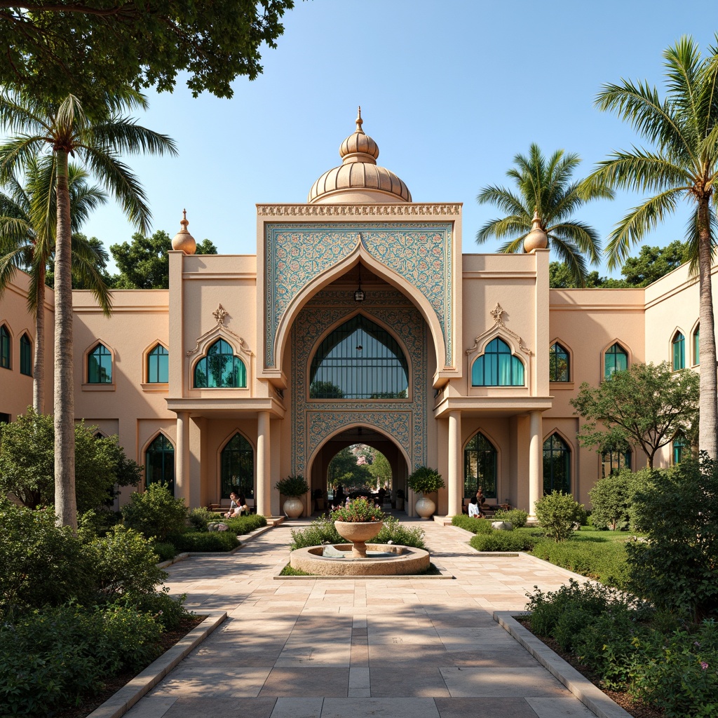 Prompt: Regional pavilion, ornate facade, Islamic-inspired arches, intricately patterned tiles, vibrant turquoise accents, grand entrance, imposing columns, curved rooflines, ornamental domes, lush greenery, tropical plants, warm sunny day, soft natural lighting, shallow depth of field, 3/4 composition, panoramic view, realistic textures, ambient occlusion.