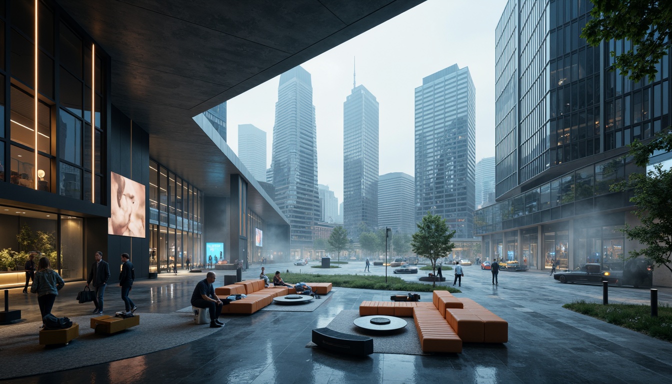 Prompt: Futuristic cityscape, sleek skyscrapers, angular lines, metallic surfaces, neon lights, misty atmosphere, granite cladding, polished concrete floors, minimalist decor, avant-garde furniture, holographic displays, futuristic transportation systems, robots, artificial intelligence, high-tech gadgets, virtual reality interfaces, cyberpunk ambiance, dramatic lighting, shallow depth of field, 1/1 composition, realistic textures, ambient occlusion.