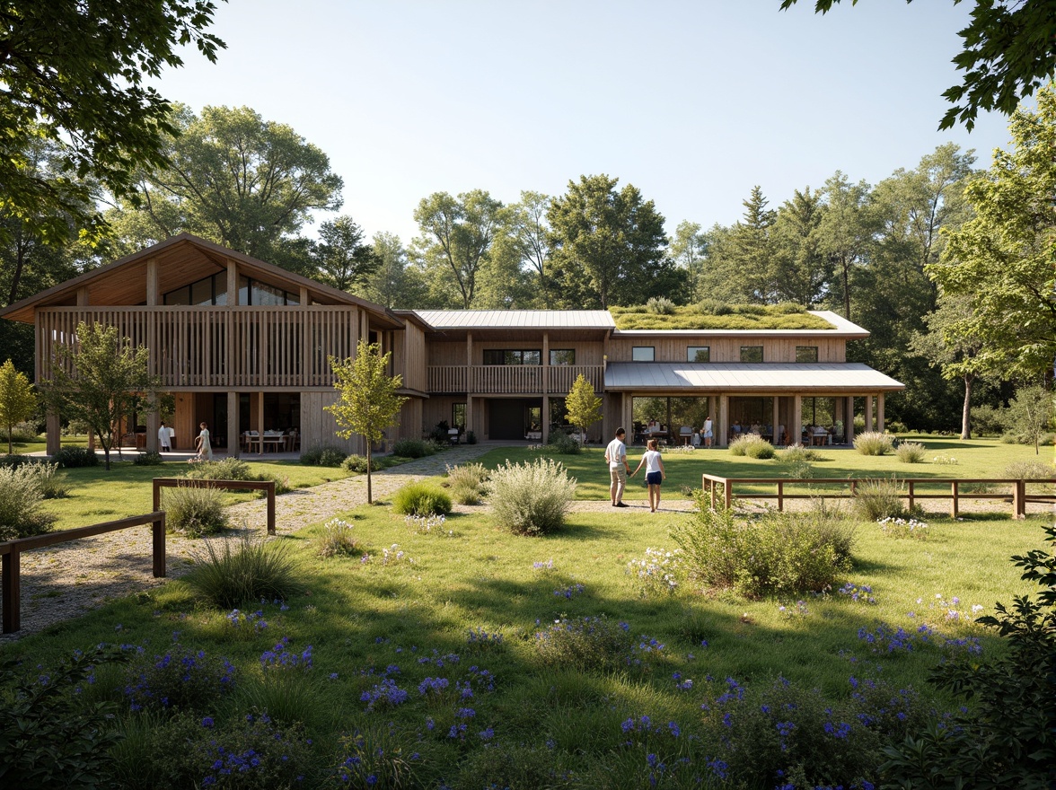 Prompt: Rustic barn, reclaimed wood, earthy tones, green roofs, living walls, natural ventilation, solar panels, rainwater harvesting systems, composting toilets, organic farm, lush gardens, wildflowers, meandering pathways, wooden fences, rural landscape, warm sunlight, soft shadows, shallow depth of field, 1/2 composition, realistic textures, ambient occlusion.