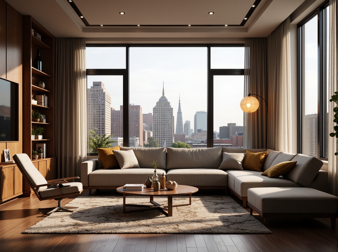 Prompt: Cozy living room, comfortable sofa, warm lighting, wooden floors, large windows, natural ventilation, urban cityscape view, modern minimalist decor, geometric patterns, soft cushions, plush carpets, floor-to-ceiling shelves, integrated smart home systems, automated curtains, ambient soundscapes, 1/1 composition, shallow depth of field, realistic textures, subtle color palette.