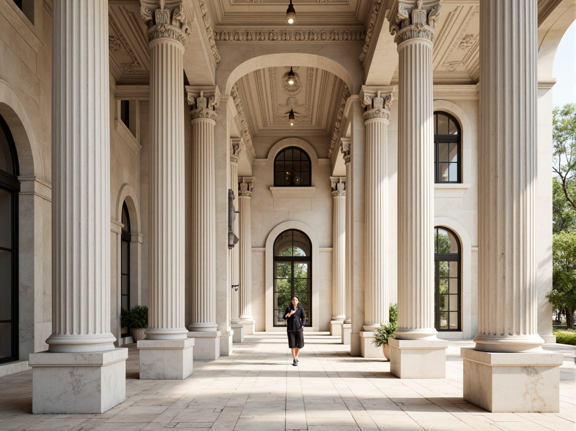 Prompt: Grandiose columns, ornate capitals, fluted shafts, Ionic volutes, Corinthian foliage, classical architraves, symmetrical facades, rusticated bases, limestone materials, creamy whites, soft grays, subtle texture, intricate carvings, ornamental motifs, acanthus leaves, scrolling patterns, pilasters, pediments, grand entranceways, majestic porticos, serene natural light, warm beige tones, refined elegance, 3/4 composition, shallow depth of field, realistic textures, ambient occlusion.