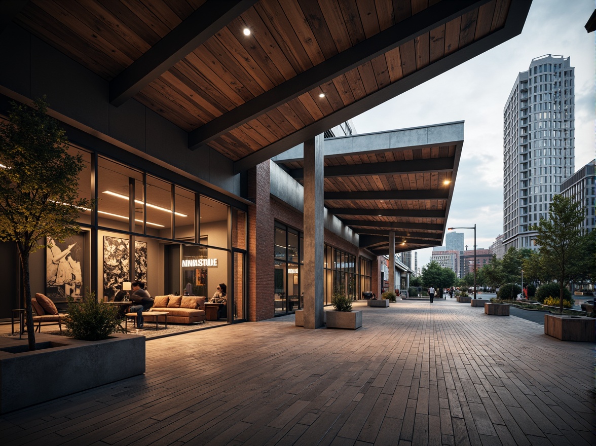 Prompt: Rustic industrial building, exposed brick walls, metallic accents, reclaimed wood floors, polished concrete surfaces, geometric glass fa\u00e7ades, cantilevered rooflines, dramatic shadows, warm ambient lighting, soft focus, 1/2 composition, urban cityscape, cloudy sky, moody atmosphere, rich textures, high contrast, abstract patterns, futuristic vibes.