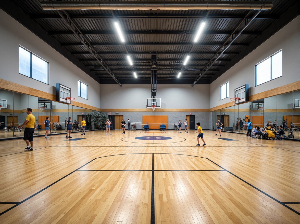 Prompt: Modern gymnasium interior, high ceilings, polished wooden floors, mirrored walls, professional sports equipment, basketball hoops, volleyball nets, athletic tracks, exercise machines, free weights, fitness studios, locker rooms, shower facilities, bright fluorescent lighting, 1/2 composition, shallow depth of field, realistic textures, ambient occlusion.