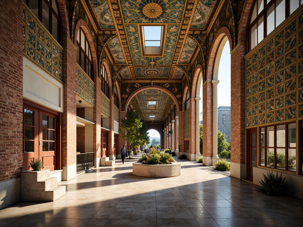 Prompt: Intricate Byzantine-style mosaics, vibrant glass tiles, golden accents, ornate patterns, rich textures, high school building, grand atrium, majestic arches, marble floors, columnar structures, ornamental domes, warm natural lighting, soft shadows, 1/2 composition, realistic reflections, ambient occlusion.