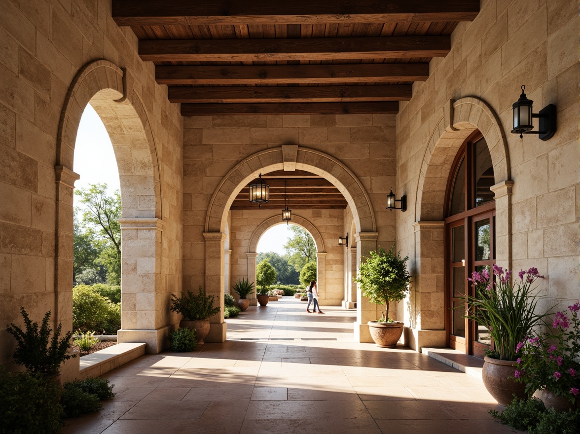 Prompt: Vaulted archways, rustic stone walls, grand entrance halls, ornate columns, carved capitals, intricate stone carvings, warm beige tones, soft natural lighting, high ceilings, wooden beams, terracotta flooring, lush greenery, blooming flowers, serene ambiance, shallow depth of field, 3/4 composition, panoramic view, realistic textures, ambient occlusion.