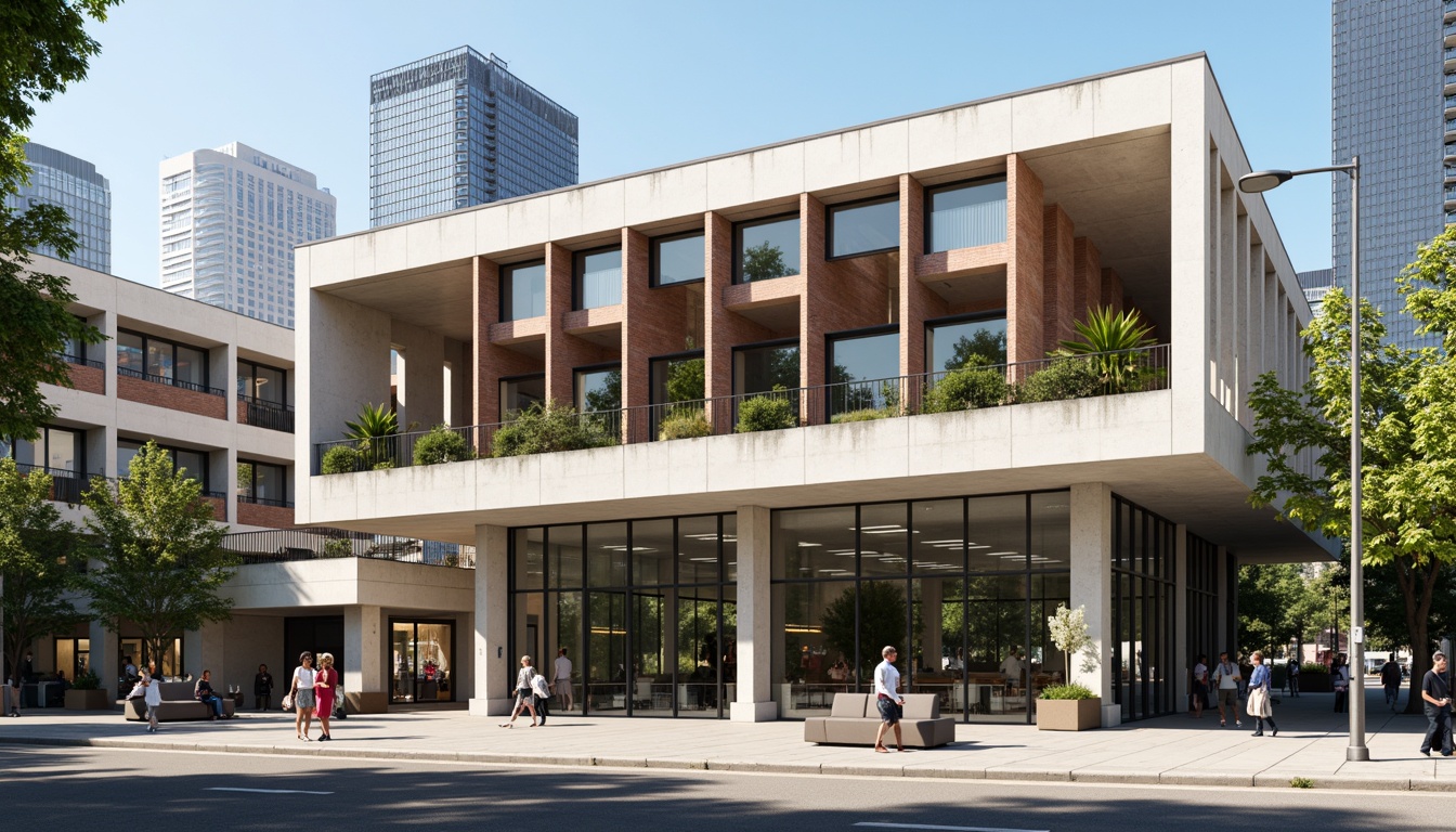 Prompt: International style gymnasium fa\u00e7ade, clean lines, minimal ornamentation, rectangular forms, flat roofs, large windows, sliding glass doors, anodized aluminum frames, cantilevered canopies, rhythmic column arrangements, brutalist concrete textures, industrial-style steel beams, vibrant color accents, dynamic lighting effects, urban cityscape background, sunny afternoon, shallow depth of field, 2/3 composition, symmetrical balance, realistic material rendering.