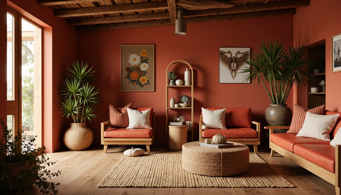 Prompt: Vibrant persimmon hues, warm autumn tones, rich terracotta accents, natural earthy palette, rustic wooden textures, cozy living spaces, inviting atmosphere, soft golden lighting, shallow depth of field, 1/1 composition, realistic renderings, ambient occlusion, modern farmhouse design, earthy ceramics, woven textiles, organic shapes, eclectic bohemian decor.