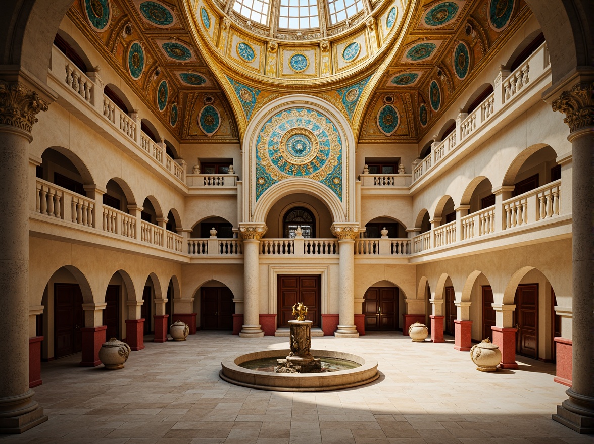 Prompt: Majestic high school building, Byzantine architectural style, warm golden domes, intricate mosaics, rich turquoise accents, ornate stone carvings, grand arched entrances, vibrant crimson columns, soft beige walls, subtle cream textures, elegant bronze details, dramatic spot lighting, shallow depth of field, 2/3 composition, realistic reflections, ambient occlusion.