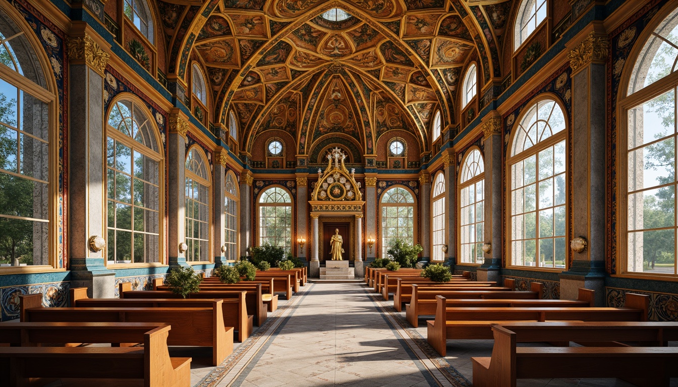 Prompt: Intricate Byzantine mosaics, gold leaf accents, vibrant colorful tiles, ornate patterns, rich textures, high school chapel, grand dome architecture, majestic arches, ornamental columns, lavish decorations, spiritual ambiance, soft warm lighting, shallow depth of field, 3/4 composition, panoramic view, realistic textures, ambient occlusion.