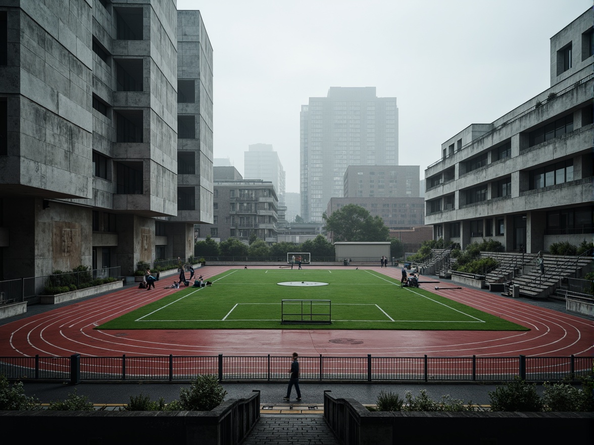 Prompt: Rugged sports fields, brutalist concrete structures, angular lines, fortress-like buildings, industrial materials, exposed ductwork, raw finishes, bold geometric shapes, monumental scale, urban landscape, overcast sky, dramatic lighting, high-contrast textures, abstract composition, cinematic mood, atmospheric perspective, rough stone walls, metal fencing, artificial turf, track lanes, goalposts, spectator stands, dynamic camera angles, 2.35