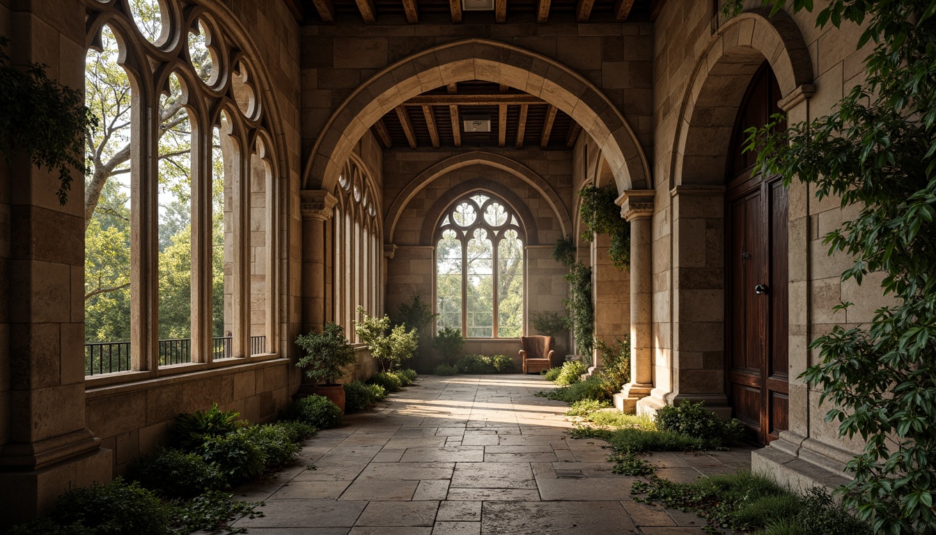 Prompt: Rustic stone arches, ornate carvings, grand entranceways, ribbed vaults, stained glass windows, intricate column capitals, weathered stone fa\u00e7ades, warm earthy tones, lush greenery, overgrown ivy, mystical ambiance, soft diffused lighting, high contrast shadows, 1/1 composition, symmetrical framing, realistic textures, subtle ambient occlusion.