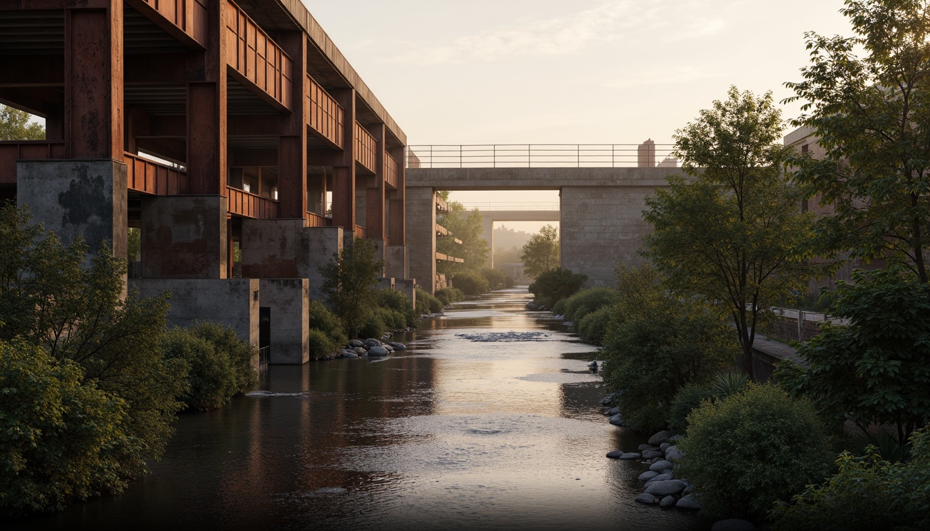 Prompt: Industrial bridge, steel beams, rustic metal textures, weathered wood accents, muted earth tones, soft misty atmosphere, gentle river flow, serene natural surroundings, subtle gradient sky, warm golden lighting, low-key shadows, 1/1 composition, realistic reflections, ambient occlusion, atmospheric fog effect.