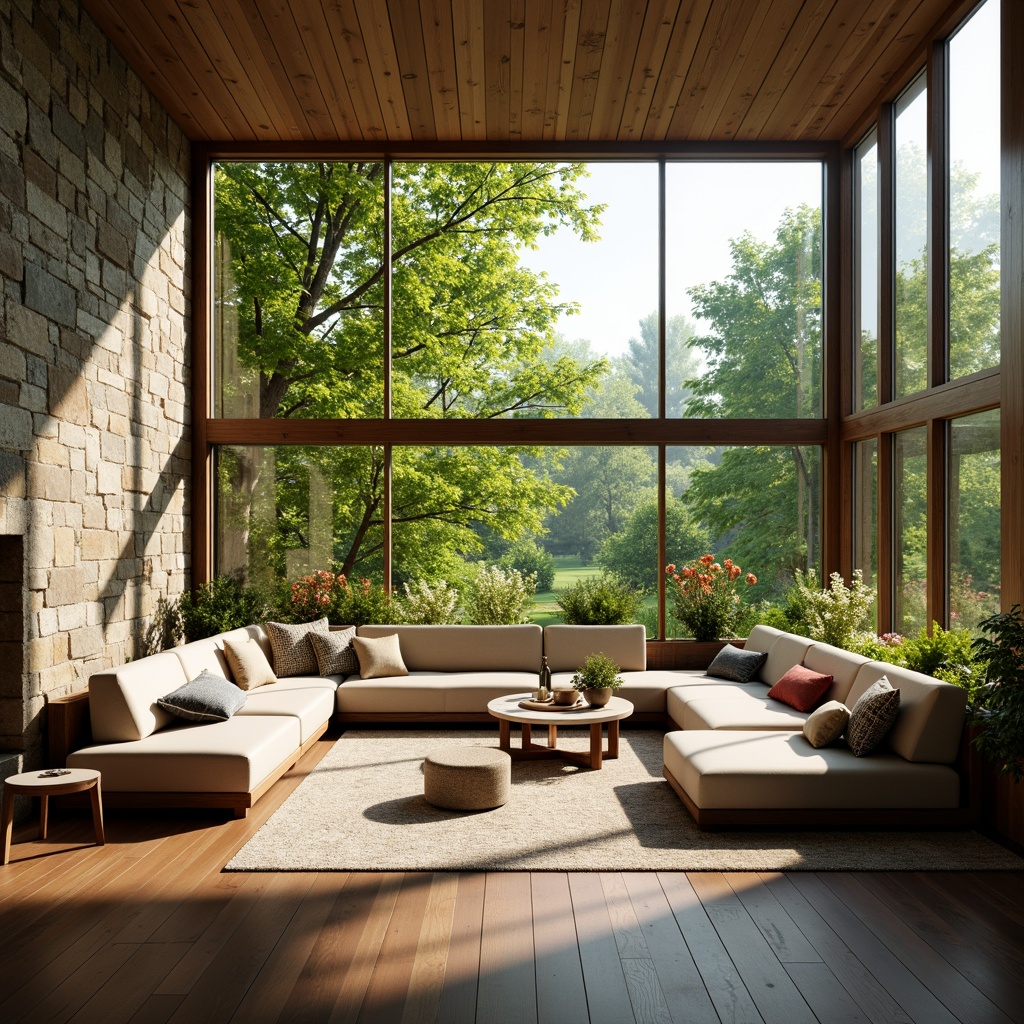 Prompt: Vibrant living room, large windows, natural stone walls, wooden flooring, comfortable seating area, lush greenery, blooming flowers, warm sunny day, soft diffused lighting, shallow depth of field, 1/1 composition, realistic textures, ambient occlusion.