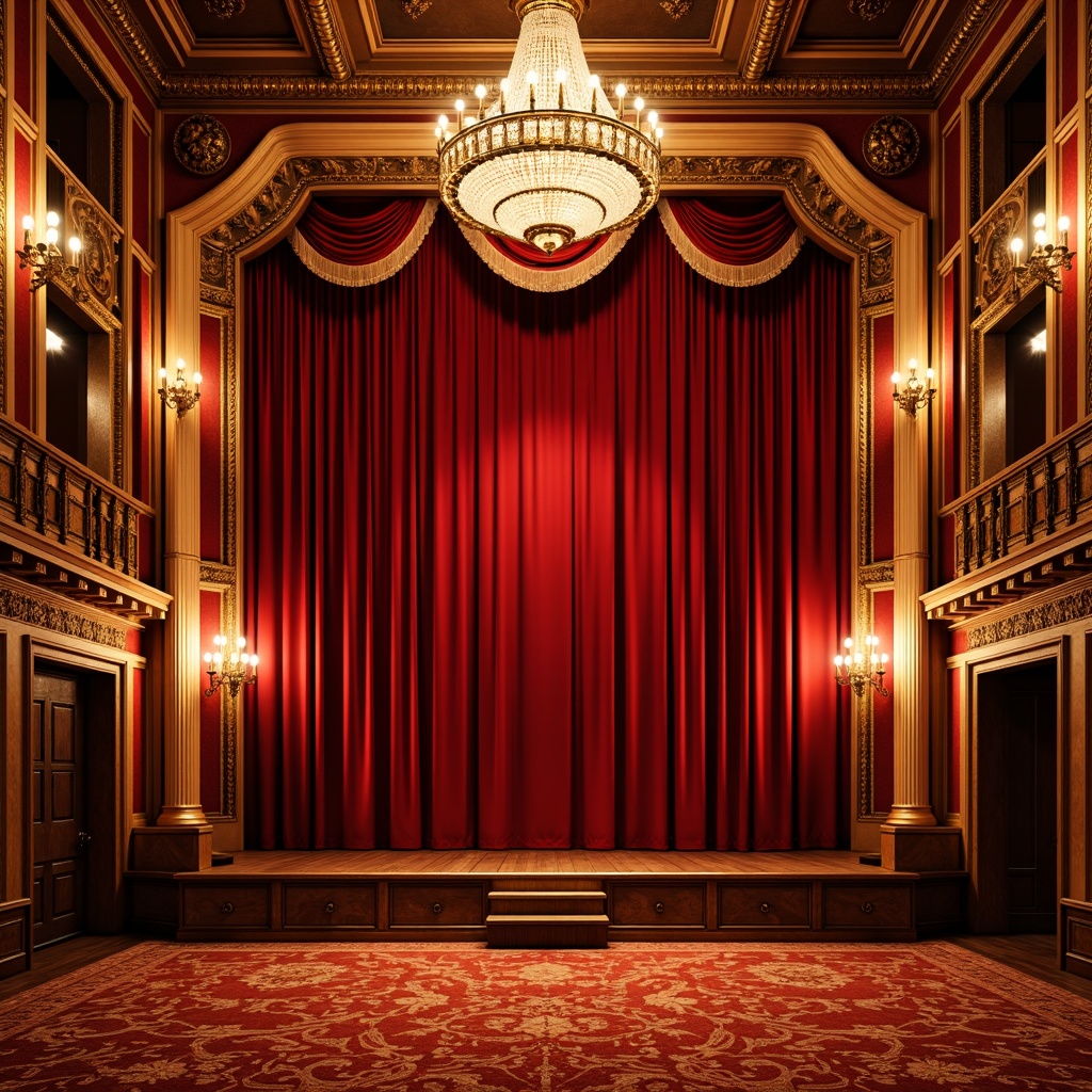 Prompt: Vibrant theater stage, rich velvet curtains, warm golden lighting, ornate architectural details, traditional academic style, grandiose chandeliers, bold red and gold color scheme, intricate patterned carpets, luxurious fabrics, dramatic spotlights, soft ambient glow, 3/4 composition, shallow depth of field, realistic textures, subtle shading.