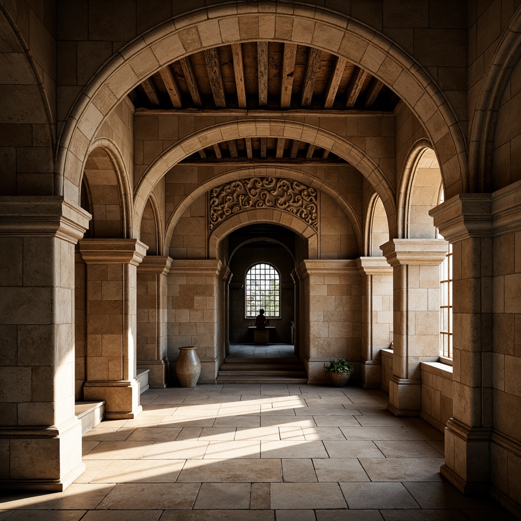 Prompt: Ancient stone arches, rustic Romanesque style, weathered sandstone walls, ornate carvings, intricate column details, vaulted ceilings, grand entranceways, stained glass windows, mystical ambiance, soft warm lighting, dramatic shadows, 1/1 composition, symmetrical framing, realistic textures, ambient occlusion.