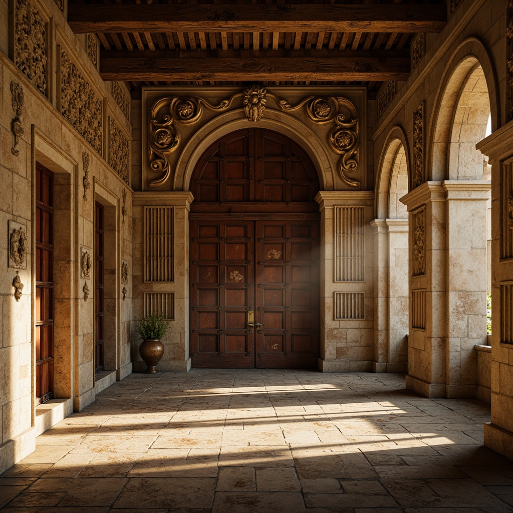 Prompt: Ancient Romanesque temple, intricately carved stone walls, worn rusty gates, ornate ironwork, distressed wooden doors, faded frescoes, aged terracotta tiles, rough-hewn granite floors, mystical ambiance, warm golden lighting, soft focus, shallow depth of field, 1/1 composition, dramatic shadows, realistic textures, ambient occlusion.