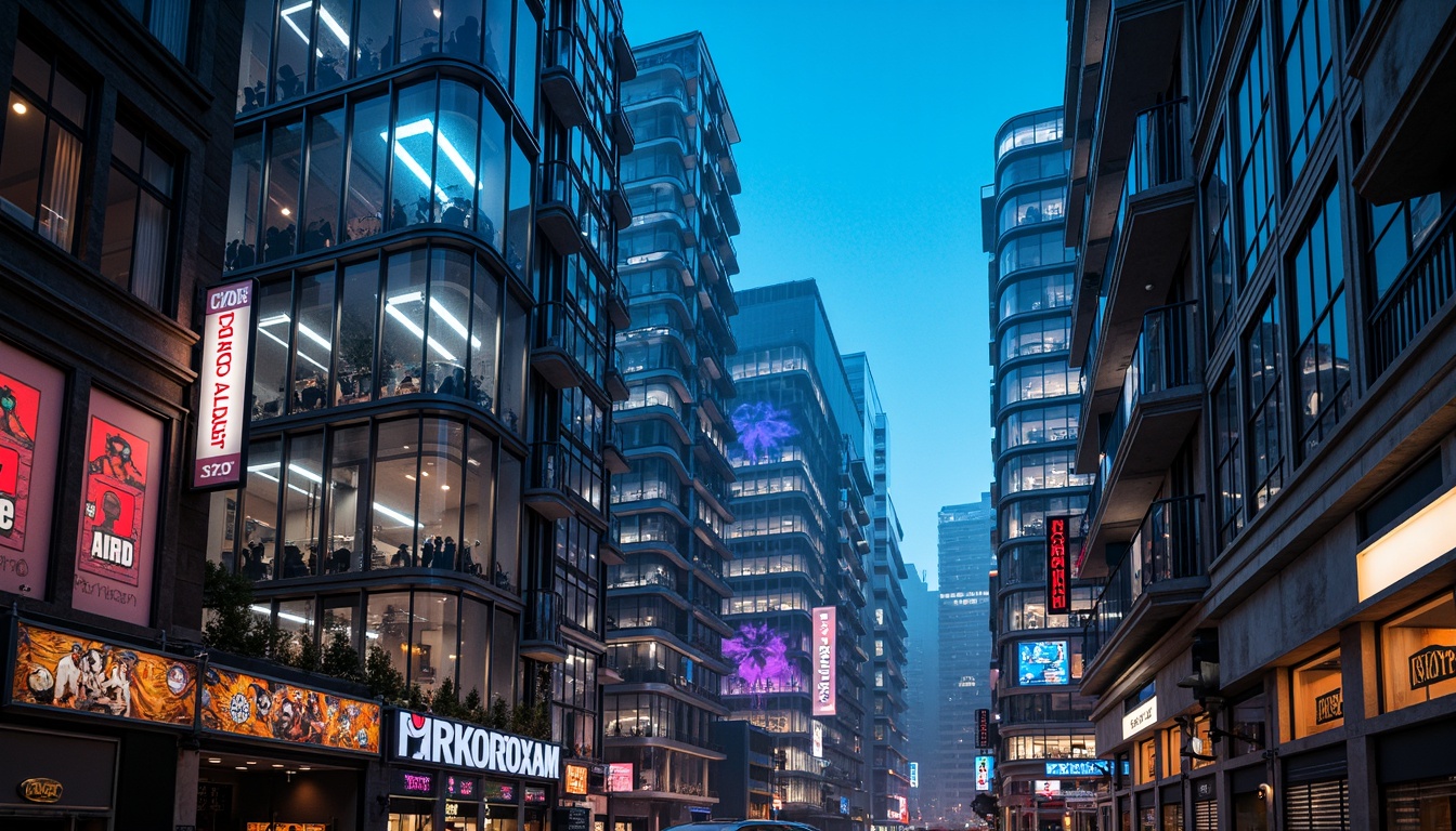 Prompt: Neon-lit cityscape, futuristic skyscrapers, iridescent glass facades, metallic accents, luminescent signage, holographic advertisements, vibrant neon hues, electric blue highlights, radiant orange glow, sleek chrome lines, geometric patterns, 3D-printed structures, parametric design, algorithmic architecture, cyberpunk atmosphere, dystopian mood, high-contrast lighting, cinematic composition, atmospheric fog, misty evening, panoramic view.