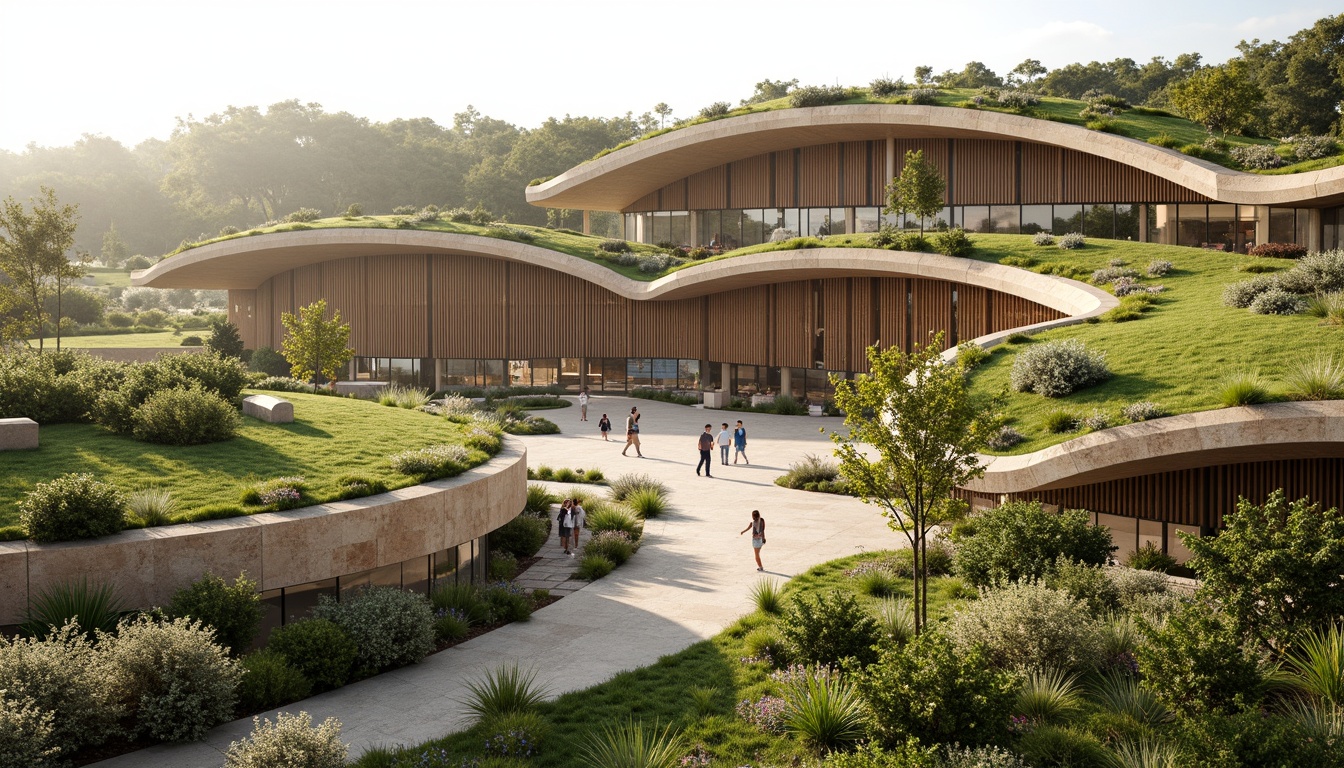 Prompt: Curved green roofs, lush vegetation, natural stone walls, wooden accents, cantilevered canopies, glass fa\u00e7ades, minimal ornamentation, earthy color palette, soft diffused lighting, 1/1 composition, symmetrical arrangement, airport terminal buildings, modern organic architecture, undulating lines, fluid shapes, biomimicry design, sustainable building materials, energy-efficient systems, rainwater harvesting, natural ventilation, ambient soundscape, warm beige tones, subtle texture variations.