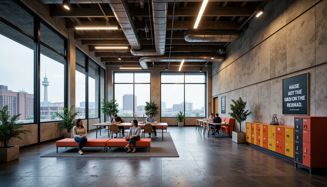 Prompt: Rough concrete walls, exposed ductwork, industrial metal beams, rugged stone floors, bold geometric shapes, dramatic natural light, open floor plans, collaborative learning spaces, colorful lockers, inspirational quote murals, urban cityscape views, overcast skies, soft warm lighting, shallow depth of field, 1/1 composition, realistic textures, ambient occlusion.