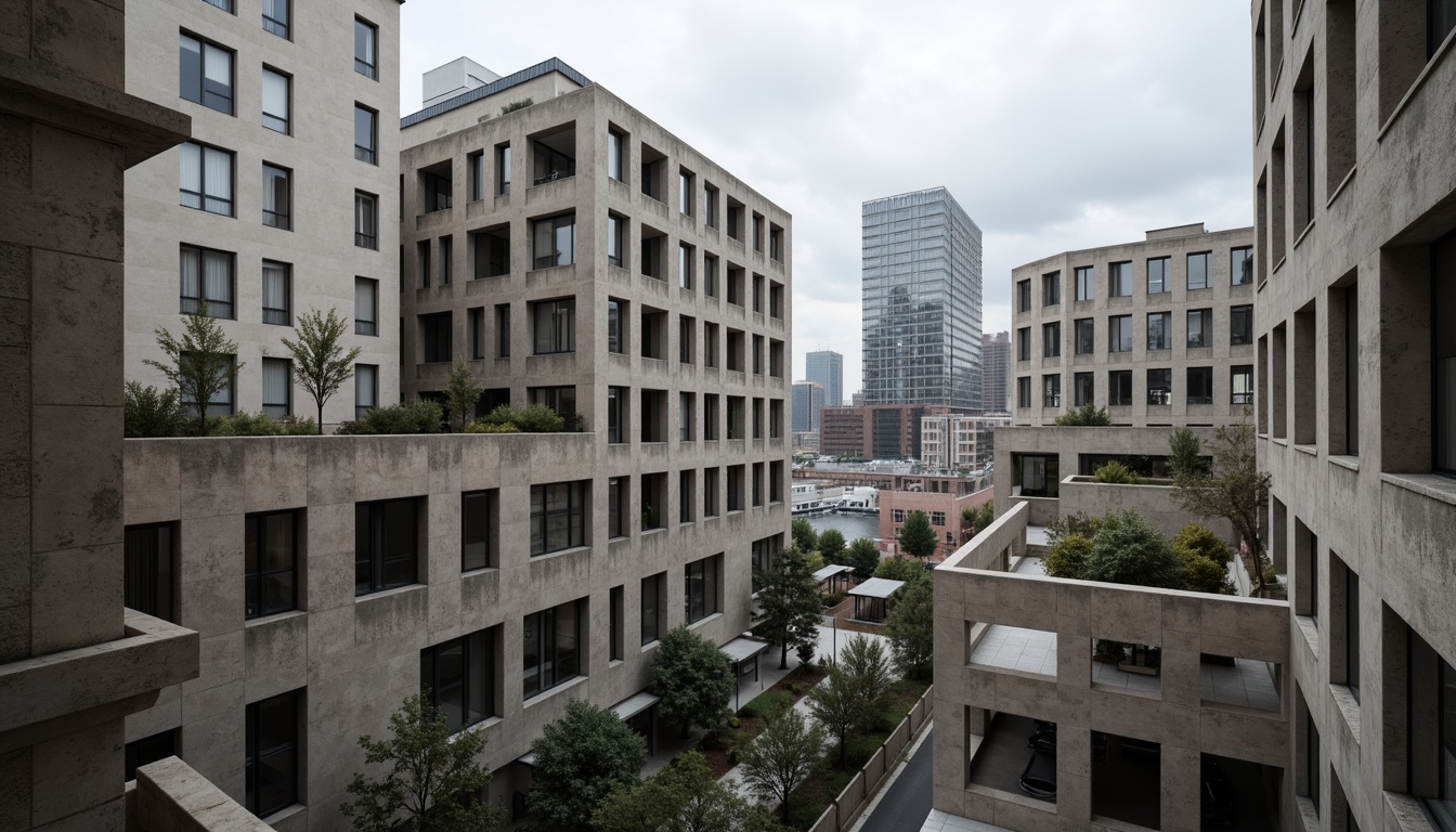 Prompt: Raw concrete facades, rugged textures, bold geometries, fortress-like structures, brutalist office buildings, urban cityscape, overcast sky, dramatic shadows, industrial aesthetics, exposed ductwork, steel beams, reinforced columns, minimalist decor, functional design, angular windows, narrow ledges, cantilevered floors, poured-in-place concrete, weathered finishes, monochromatic color scheme, high-contrast lighting, deep depth of field, 2/3 composition, cinematic perspective, gritty realistic textures, ambient occlusion.