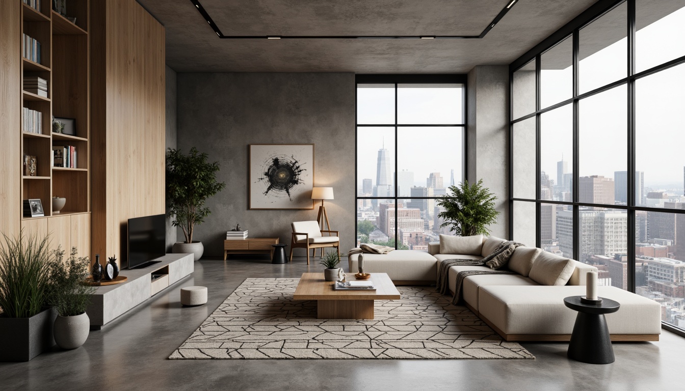 Prompt: Minimalist living room, sleek low-profile furniture, polished concrete floors, industrial-chic metal accents, floor-to-ceiling windows, urban cityscape views, cozy reading nooks, plush throw blankets, geometric patterned rugs, modern abstract artwork, ambient warm lighting, shallow depth of field, 2/3 composition, soft focus blur, realistic textures, natural material palettes.