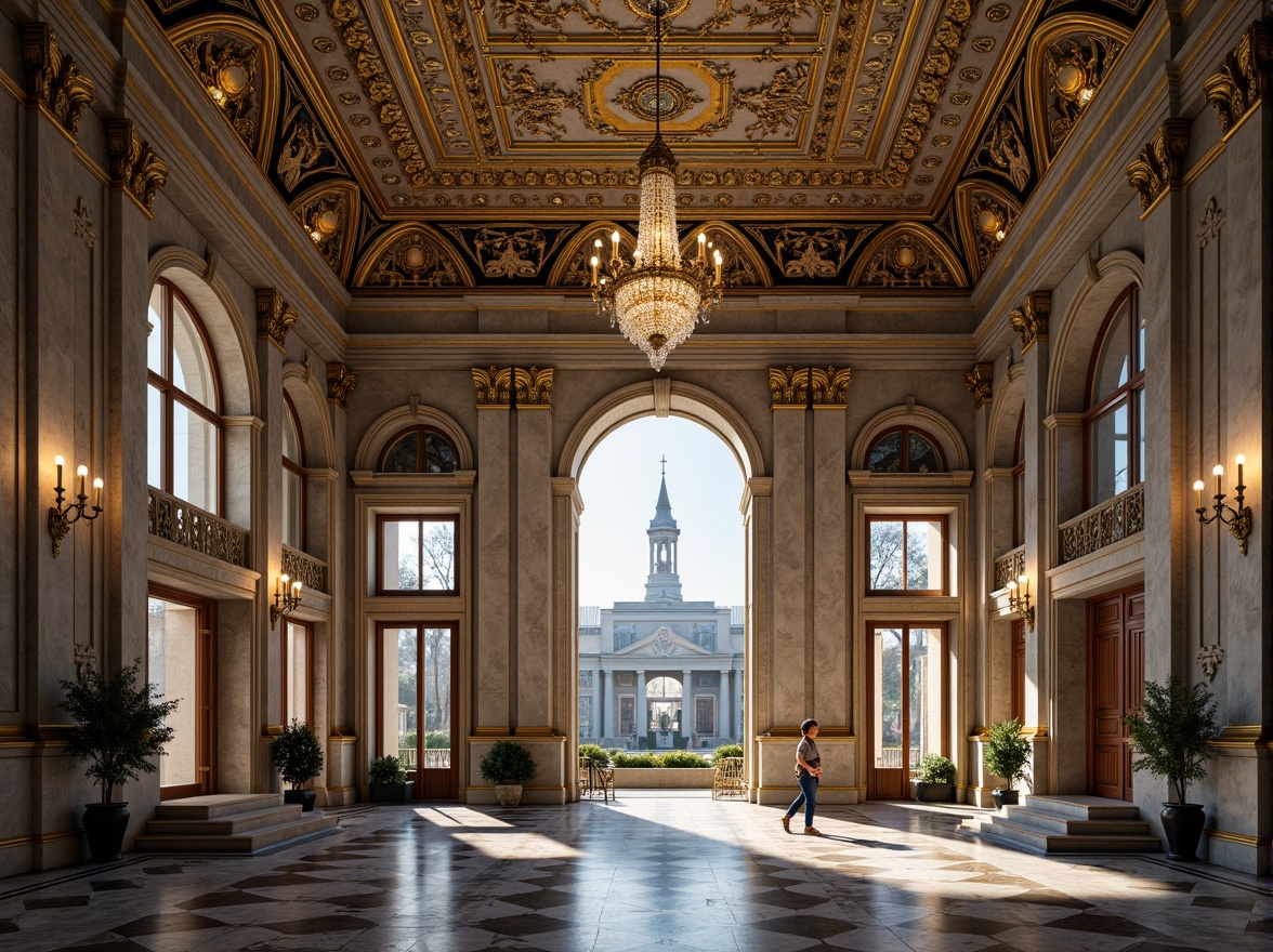 Prompt: Majestic buildings, Prussian blue accents, gold ornaments, grandiose columns, ornate details, luxurious materials, marble floors, crystal chandeliers, intricate moldings, neoclassical architecture, symmetrical facade, imposing entrance, regal atmosphere, warm golden lighting, soft focus, shallow depth of field, 1/1 composition, high contrast, realistic textures.