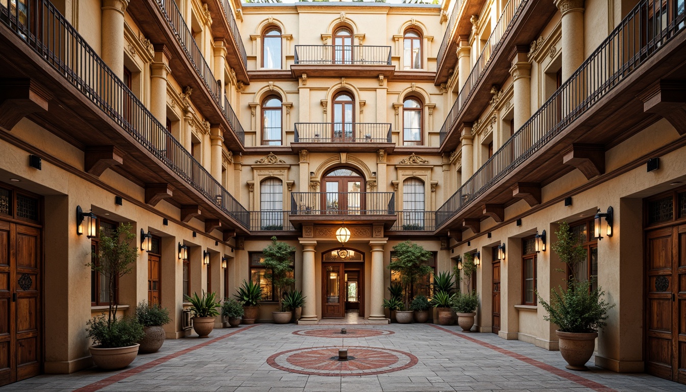 Prompt: Ornate facades, grandiose columns, intricately carved stonework, ornamental railings, lavish balconies, decorative cornices, majestic archways, vibrant tilework, rustic wooden doors, polished metal fixtures, symmetrical compositions, warm golden lighting, shallow depth of field, 1/2 composition, realistic textures, ambient occlusion.