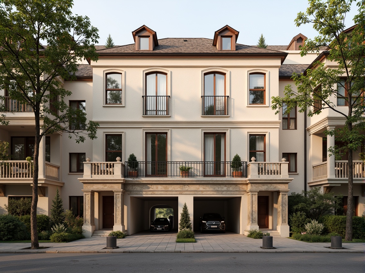 Prompt: Classic social housing, symmetrical facade, balanced composition, ornate details, columns and pilasters, arched windows, rusticated base, warm beige stone cladding, decorative cornice, elegant entranceways, traditional rooflines, dormer windows, soft natural lighting, shallow depth of field, 1/1 composition, harmonious color palette, realistic textures, ambient occlusion.