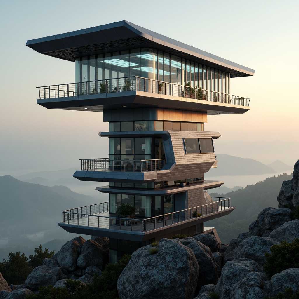 Prompt: Futuristic watchtower, sleek metallic facade, dynamic LED lighting, angular lines, minimalist design, sustainable energy solutions, solar panels, wind turbines, cantilevered balconies, panoramic views, 3/4 composition, shallow depth of field, warm golden lighting, atmospheric mist, mysterious foggy days, rugged stone foundations, modern architecture, avant-garde aesthetic, cutting-edge technology integration, futuristic surveillance systems, high-tech monitoring equipment.