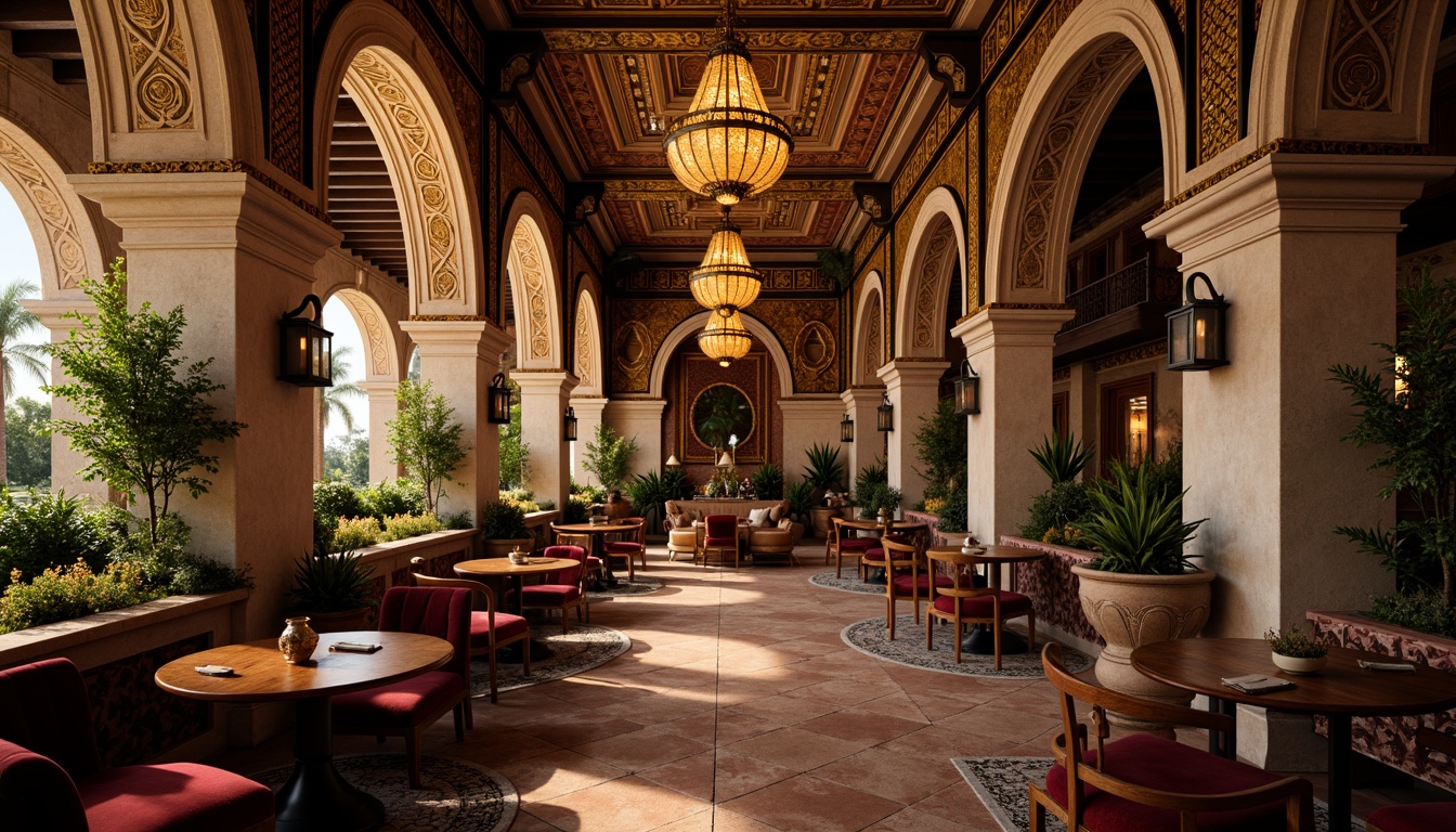 Prompt: \Exquisite coffee shop interior, Byzantine-inspired arches, intricate stone carvings, ornate golden mosaics, rich wood accents, luxurious velvet upholstery, majestic columns, grand chandeliers, warm atmospheric lighting, cozy intimate seating areas, aromatic coffee scents, vintage Middle Eastern patterns, rustic terracotta floors, soft warm color palette, 1/2 composition, shallow depth of field, realistic textures, ambient occlusion.\